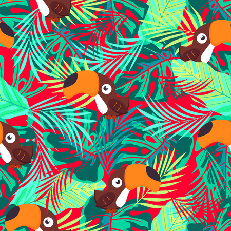 seamless tropical pattern with palm leaves and birds, vivid colorful floral background with tuakanasのイラスト素材