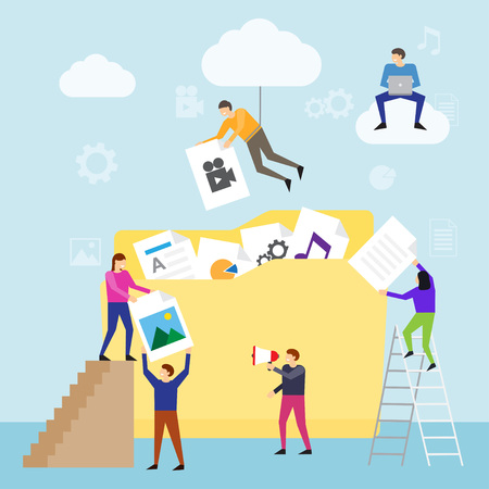 Download and upload. People are downloading content like video, music, books, films, documents.のイラスト素材