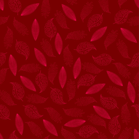 Seamless pattern with pink contours of palm trees and leaves of ficus on red, tropical floral backgroundのイラスト素材