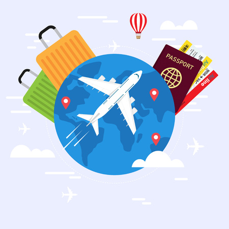 Travel Planning. Travel concept. Passport, airplane ticket, world map and airplane in sky. vector illustrationのイラスト素材