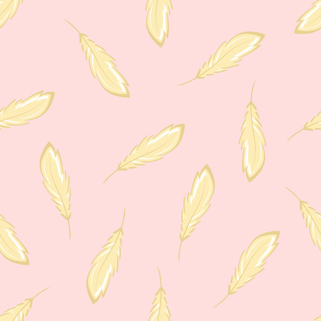 seamless pattern with a feather of gold on a pink, simple background with cute feathersのイラスト素材