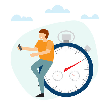 Concept of time management. Man is standing with near the stopwatch leaning at it.のイラスト素材