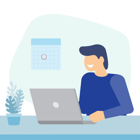 Business man working on a laptop computer. Time to work. Vector illustration.のイラスト素材