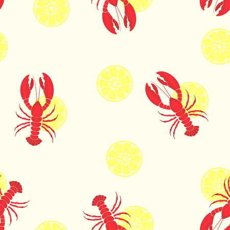seamless pattern with lobsters and lemon slices, background with sea elements, wallpapers with red lobsters and citrusのイラスト素材