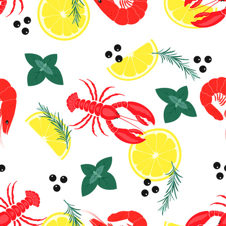 pattern with shrimp, lobsters, rosemary, lemon, caviar, and basil on white, background with seafood, wallpapers with seafoodのイラスト素材