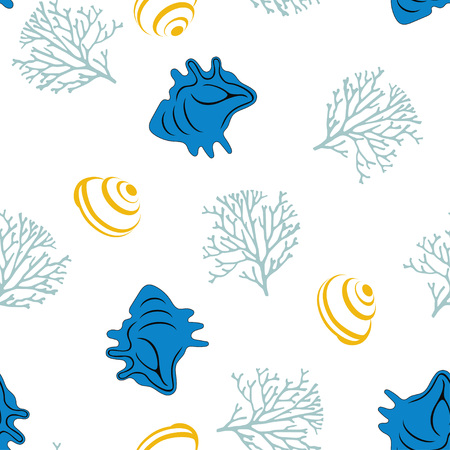 pattern with shells, starfish and coral on white, sea wallpaper, background with underwater inhabitantsのイラスト素材