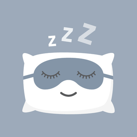 sleeping white pillow, blindfold, isolated on blue background. Cushion and black mask for comfortable sleep. vector illustration.のイラスト素材