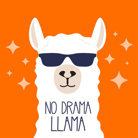 White llama with sunglasses and lettering. No drama llama. Motivational poster for prints. Vector illustration.