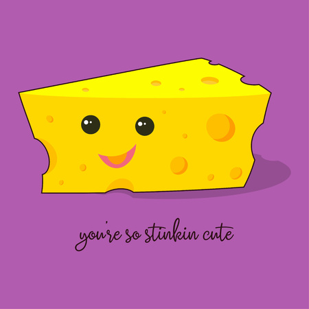 picture of cartoon piece of cheese and the inscription you are so cute, banner with dairy product and emotions of happiness and smile, card with cheerful piece of cheeseのイラスト素材