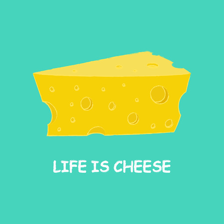 Illustration with cartoon cheese and the inscription of life is cheese, banner with piece of cheese on turquoise backgroundのイラスト素材