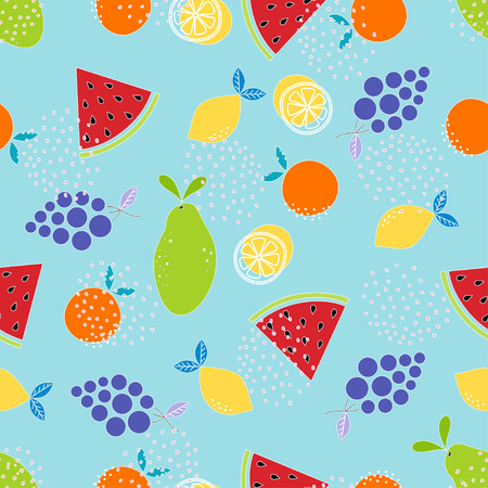 Pattern with fruits on blue, wallpaper with slices of watermelon, orange, lemon, papaya and grapes, fruit backgroundのイラスト素材