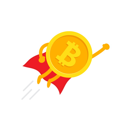 Bitcoin Superhero in a red cloak in flying. Vector Illustration.のイラスト素材