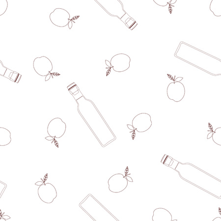 Seamless pattern with contour bottles of vinegar and apples on white, wallpaper for any designのイラスト素材