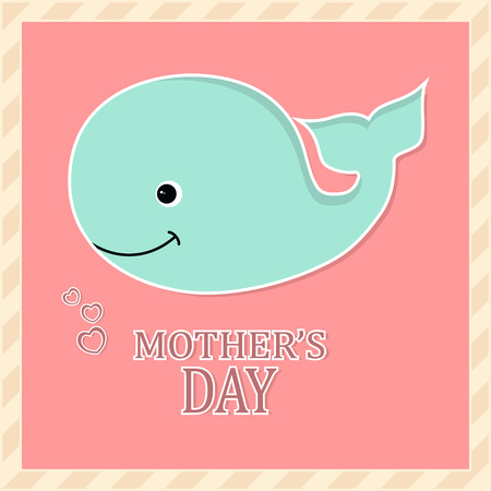 Happy Mothers Day, greeting card with cute whale, hearts and festive wordsのイラスト素材