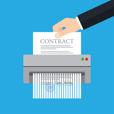 Hand putting paper in shredder machine. Contract termination. Vector illustrationのイラスト素材