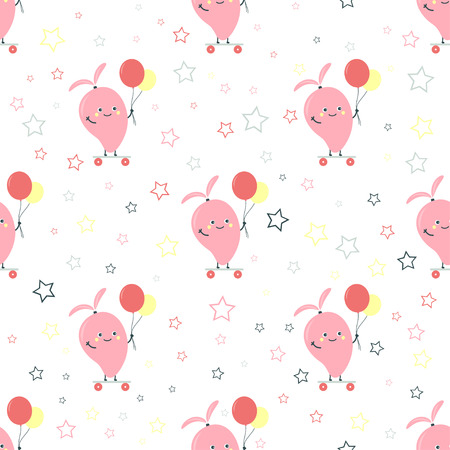 Seamless pattern with cartoon mango on skateboard with balloons on the background of cute stars, wallpaper with funny fruitのイラスト素材
