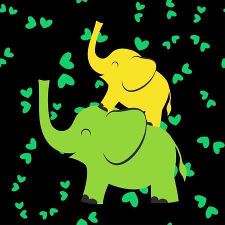 pattern with cartoon elephants and hearts on the dark, background with funny animals, simple child animal wallpaperのイラスト素材
