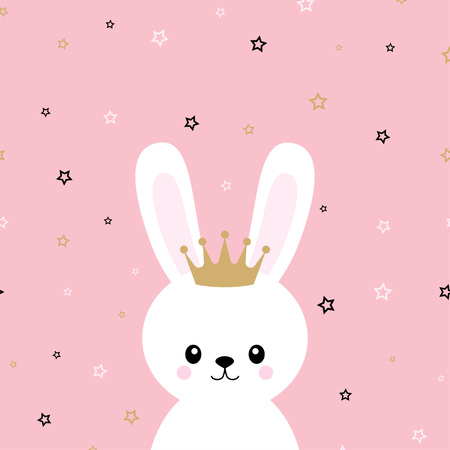 cute Bunny with crown on pink background with stars, simple design with rabbit princessのイラスト素材