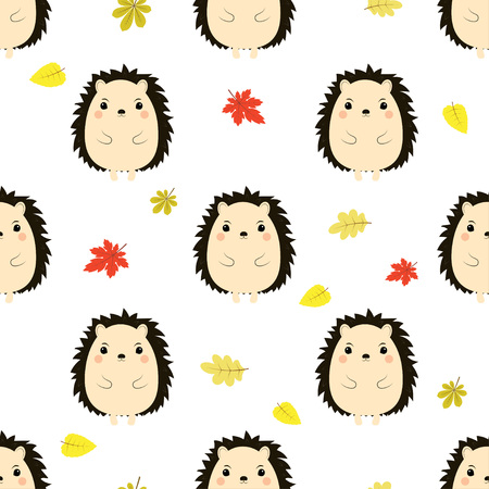 autumn pattern smiling hedgehog isolated on white with leaves, cute cartoon character, funny animal, simple pattern for holiday halloweenのイラスト素材