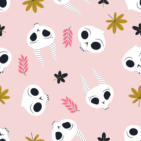 seamless halloween pattern with skulls and leaves on pink background, wallpapers with cartoon heads on halloweenのイラスト素材