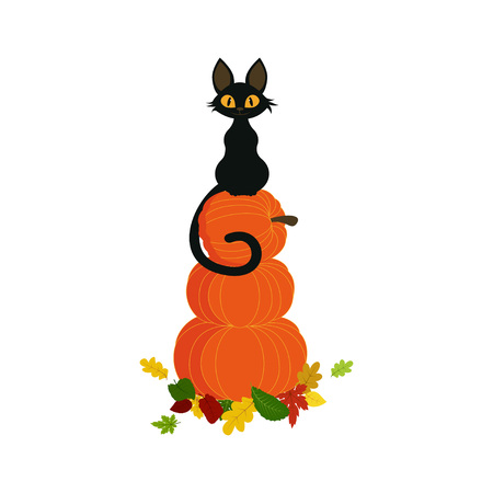 card with black cat, pumpkins and leaves, autumn composition, illustration for the holiday halloweenのイラスト素材
