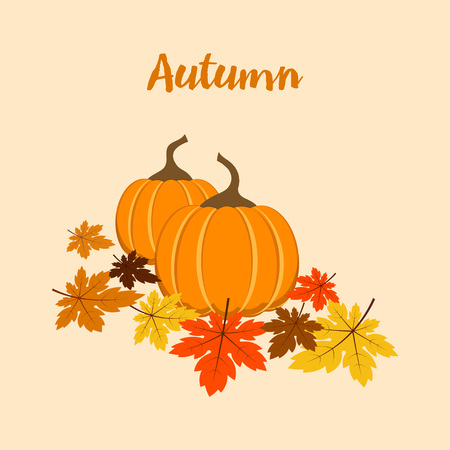 floral autumn composition with pumpkins, colored leaves, and inscription autumn, card with pumpkins suitable for the holiday halloweenのイラスト素材