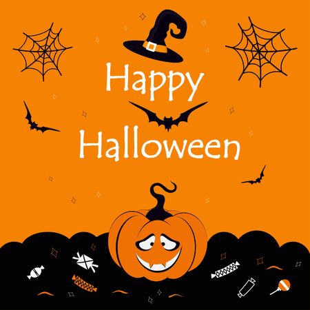 simple banner for Halloween feast with pumpkin, bats, magic hat, candy and inscriptionのイラスト素材