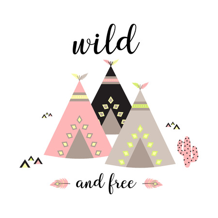 wild and free scandinavian style hand drawn poster, boho style drawing print, poster with wigwams, cactus and text wild and freeのイラスト素材