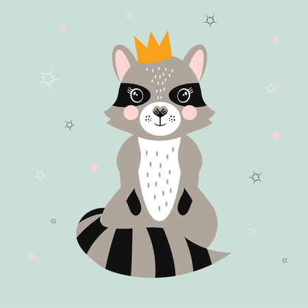 poster with nice raccoon in the crown on background of stars, cute pets card for any designのイラスト素材