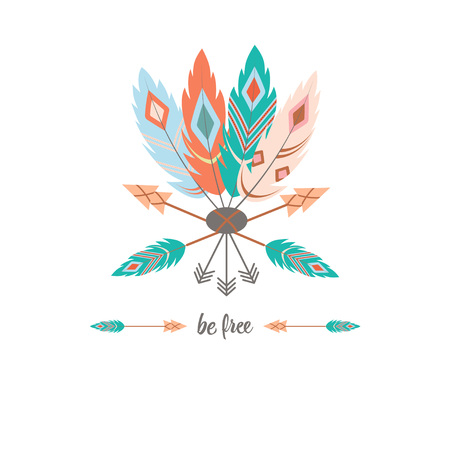 be free., boho art print with decorative feathers in ethnic style, perfect for invitations, greeting cards, print, clothes, posters and moreのイラスト素材