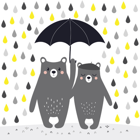 two cute lovers bears under umbrella, banner with rain and funny animals under umbrellaのイラスト素材