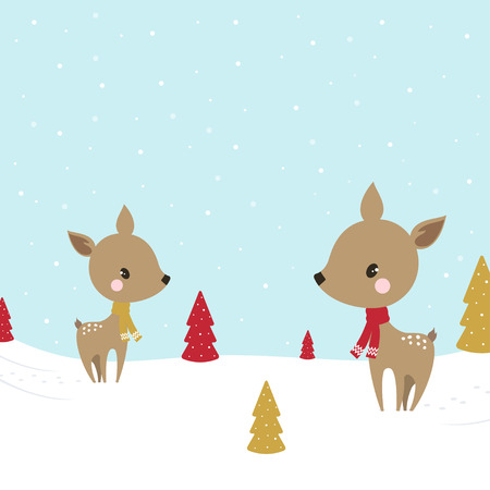 Card with cute cartoon deer in snow, trees and snow, a holiday banner with animals, print to the new yearのイラスト素材