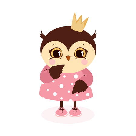 Cute owl in crown and dress on white background, greeting card with pretty bird, owl princessのイラスト素材