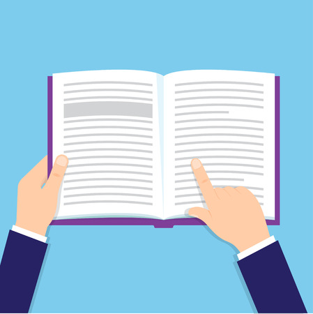 Hands holding open book. Reading book. Vector illustrationのイラスト素材