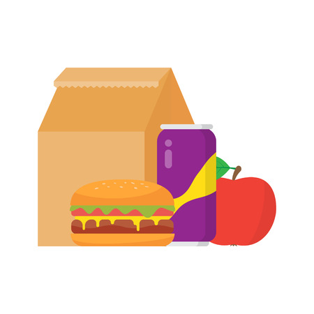 Lunch box to school. Good lunch - hamburger, fruit and drink. Vector illustration isolated on white backgroundのイラスト素材