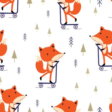 seamless pattern with cartoon fox scooter isolated on white, lovely stylized fox, illustration for children, background with wild animalのイラスト素材
