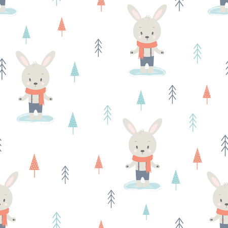 seamless pattern of cute bunnies in scarf on winter background, vector wallpaper for childrenのイラスト素材