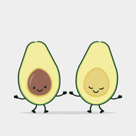 Funny avocado couple holding hands. Cute dancing avocado. Valentines day. Vector illustration