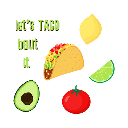 illustration with tacos, tomato, avocado, lime and lemon, cartoon mexican foodのイラスト素材