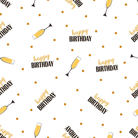 beautiful greeting card, pattern with glasses, champagne, candy and text Happy Birthdayのイラスト素材