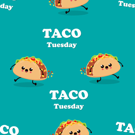 Vintage Mexican food pattern design with vector taco character, mexican food, traditional tacos isolated from background, taco fast food, tuesdayのイラスト素材