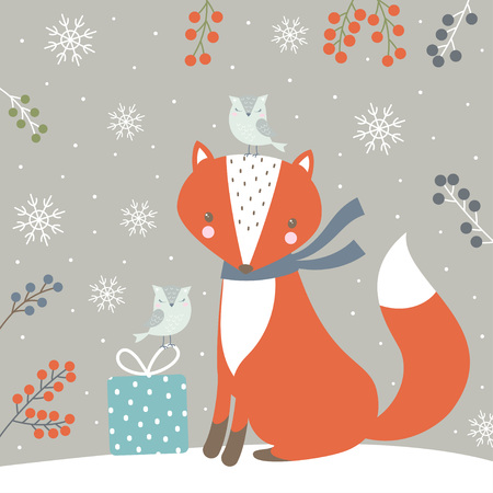 cute fox with birds, present and snow on grey background, cute cartoon fox print, childish print for nursery, kids apparel, poster, funny postcardのイラスト素材