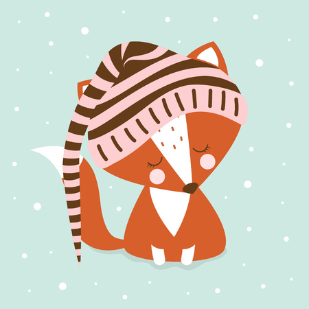 sleeping cute fox in hood on blue snow background, cute cartoon fox print in hat, childish print for nursery, kids apparel, poster, funny postcardのイラスト素材