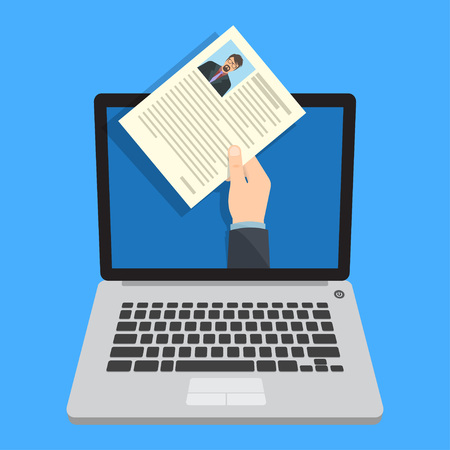 Recruiting agency. Hand holding CV paper. Human resources, online job applicationのイラスト素材