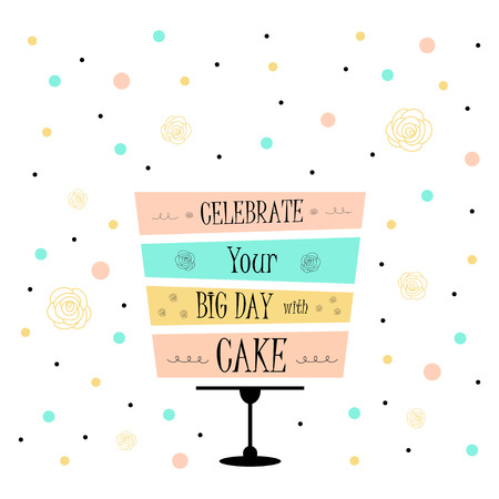 Happy Birthday card in turquoise, pink and gold colors, cute poster with Birthday cake and candy,...