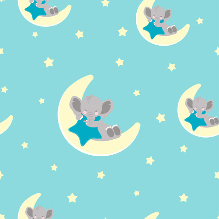 cartoon style pattern of funny sleeping elephant on moon on backgroung with stars, simple childish character for baby shower greeting wallpaperのイラスト素材