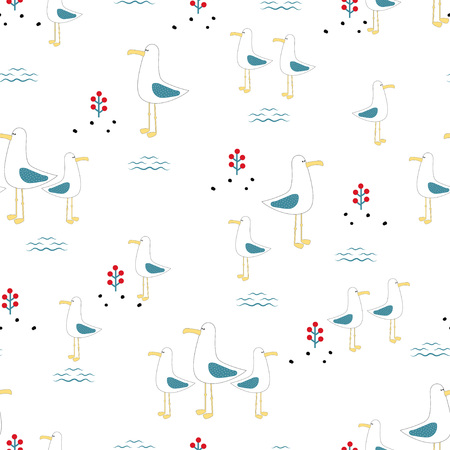 funny seagulls in a flat style, vector sea bird illustration, for children, cute pattern with birds on the background of flowers and waves, wallpaperのイラスト素材