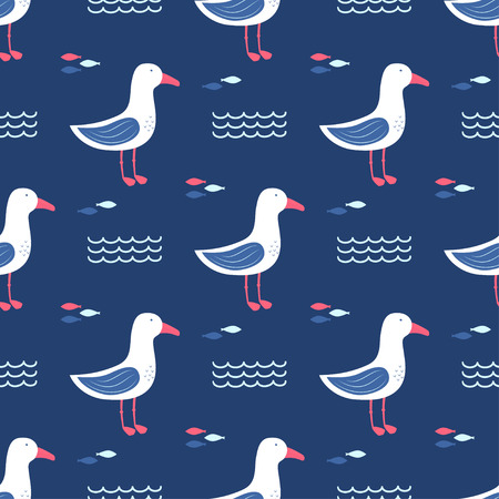 seamless pattern with beautiful gulls, stars, clouds and rainbows, greeting card, background with seabirdsのイラスト素材