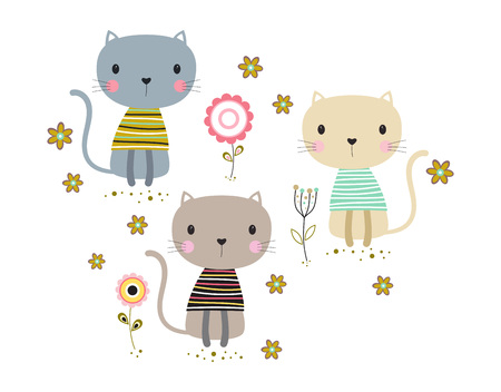card with cute cats and flowers, happy cartoon animals on floral background, illustration in scandinavian styleのイラスト素材