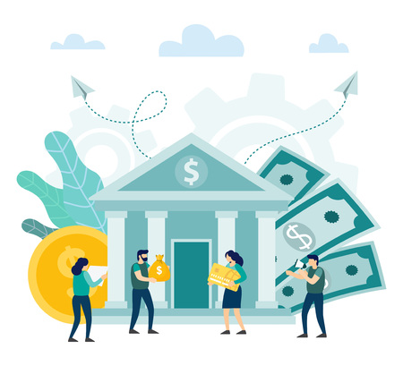 Bank building with people. Happy client investors, Money exchange, giving out money, financial service. Vector illustrationのイラスト素材